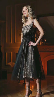 Black Lace Midi Dress with Nude Underlay