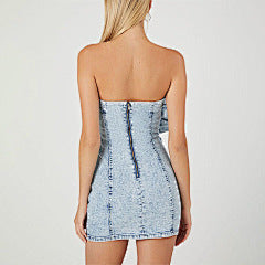 Denim Bloom Strapless Dress