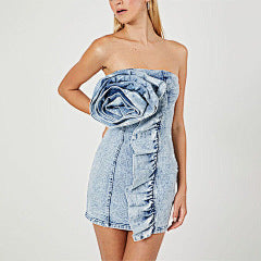 Denim Bloom Strapless Dress